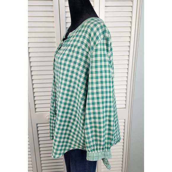 Loft Outlet Top XL Green White Gingham Button Front 3/4 Tie Sleeve Cotton Blend - Picture 5 of 10